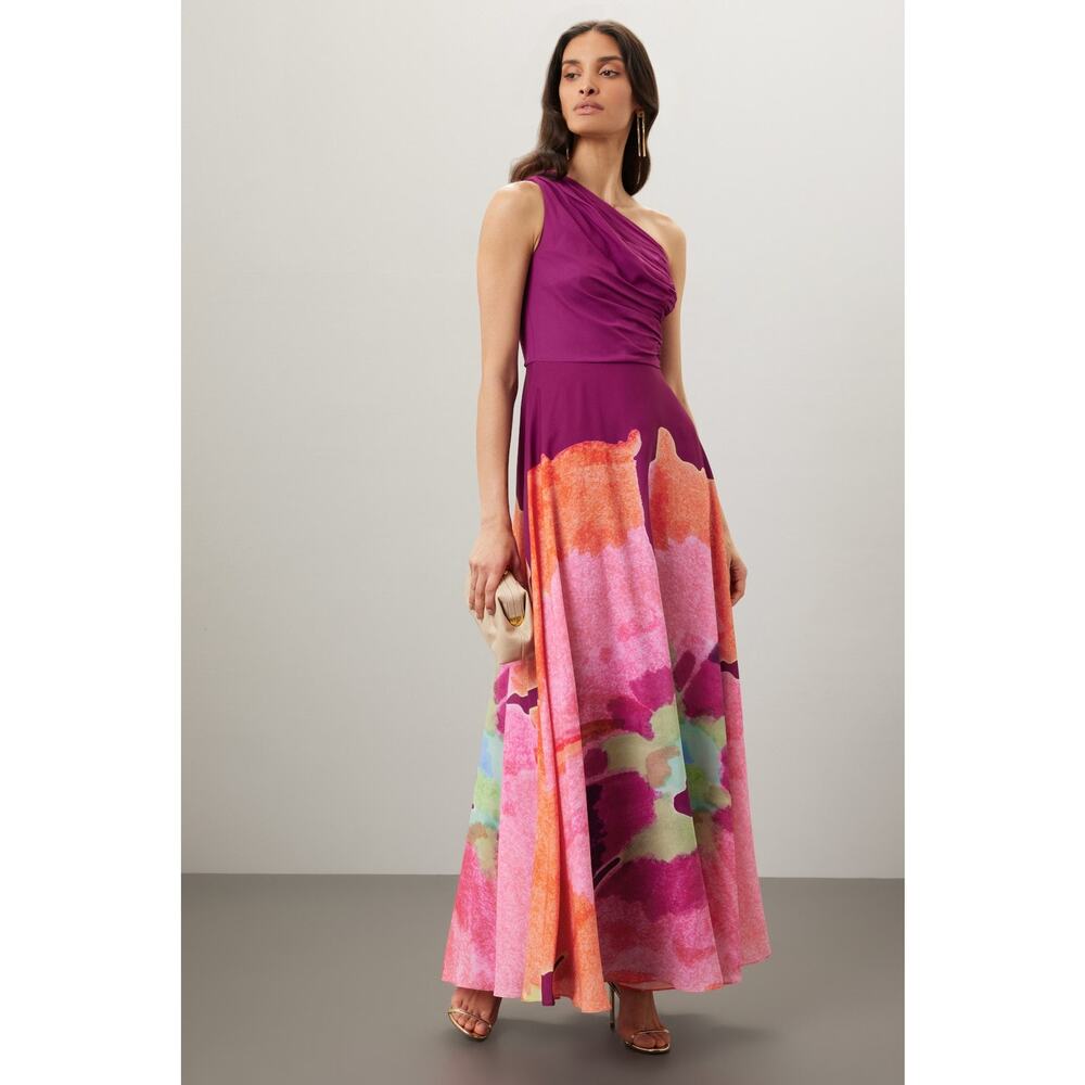 AMUR Atlas One Shoulder Floral Gown Purple Size 4 Formal Dress